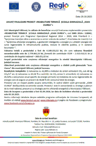 ANUNȚ FINALIZARE PROIECT «REABILITARE TERMICĂ  ȘCOALA GIMNAZIALĂ „IOAN CIUREA”»
